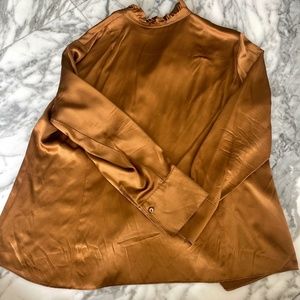Lafayette silk bronze blouse with ruffle front.